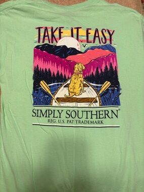 Two Simply Southern Graphic Tee Canoe Dog Sunset and Heart shaped pizza